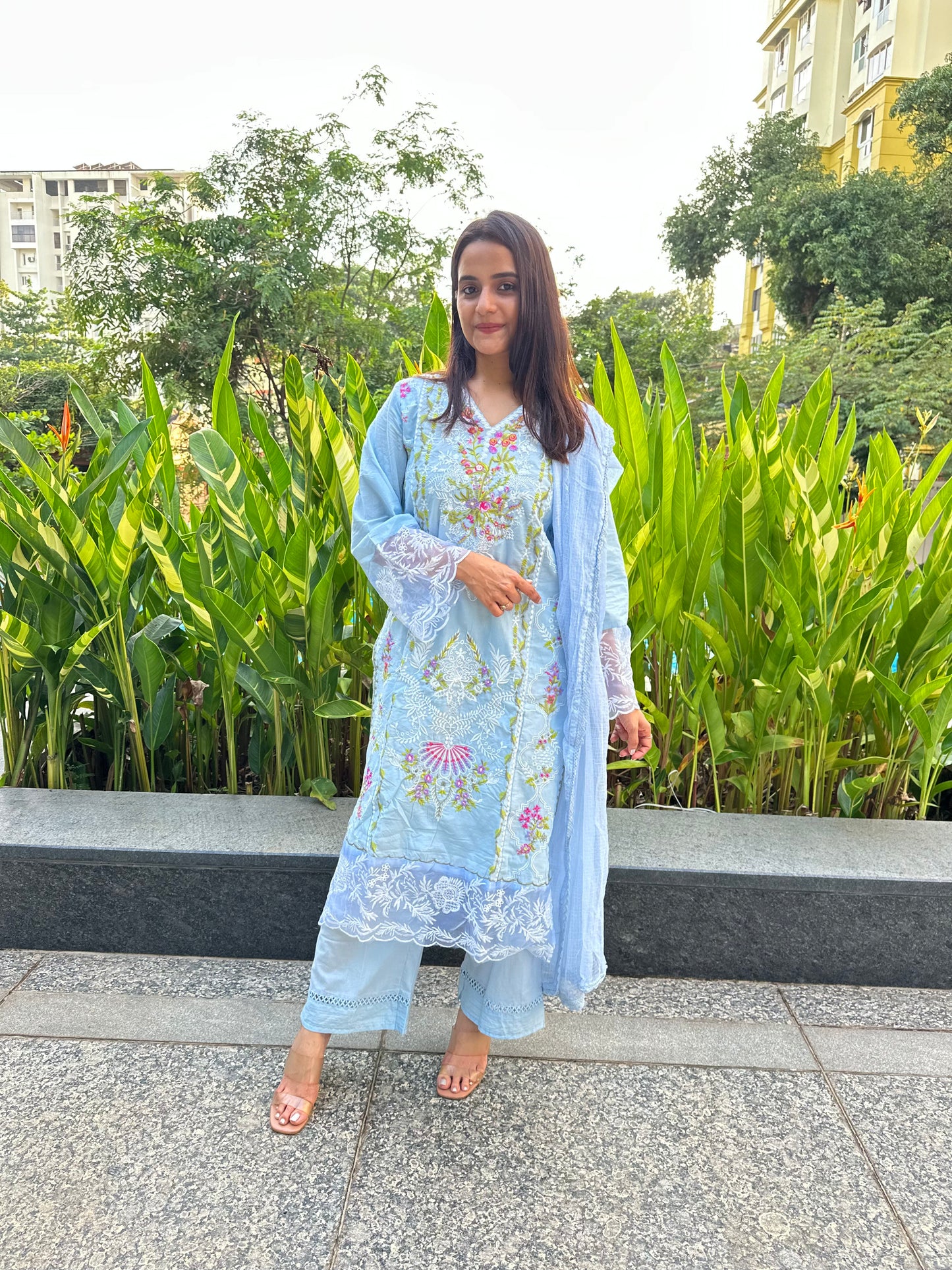 Blue Cotton Embroidered Straight Pakistani Suit