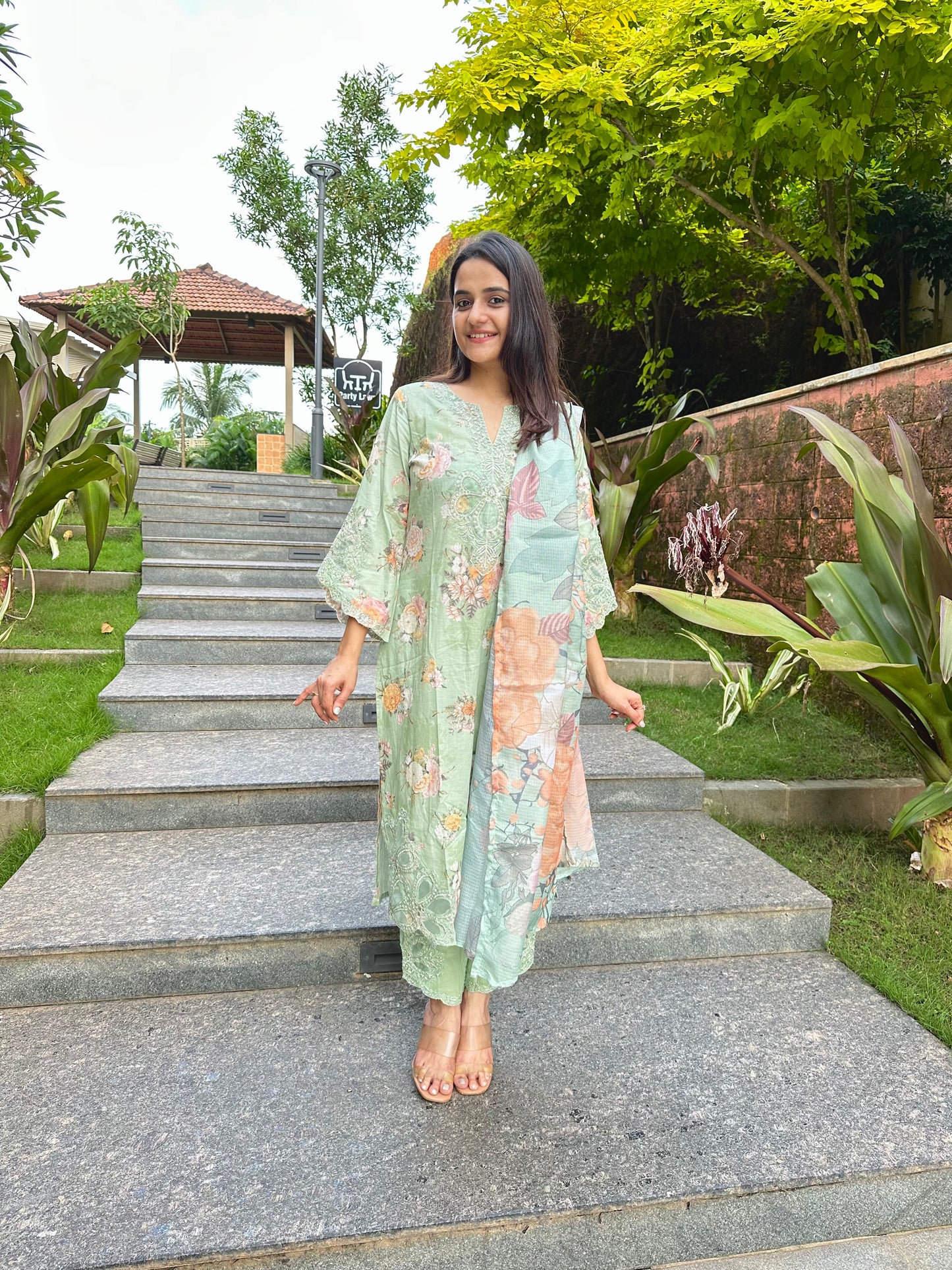 Pista Green Cotton Cutwork Straight Cut Suit