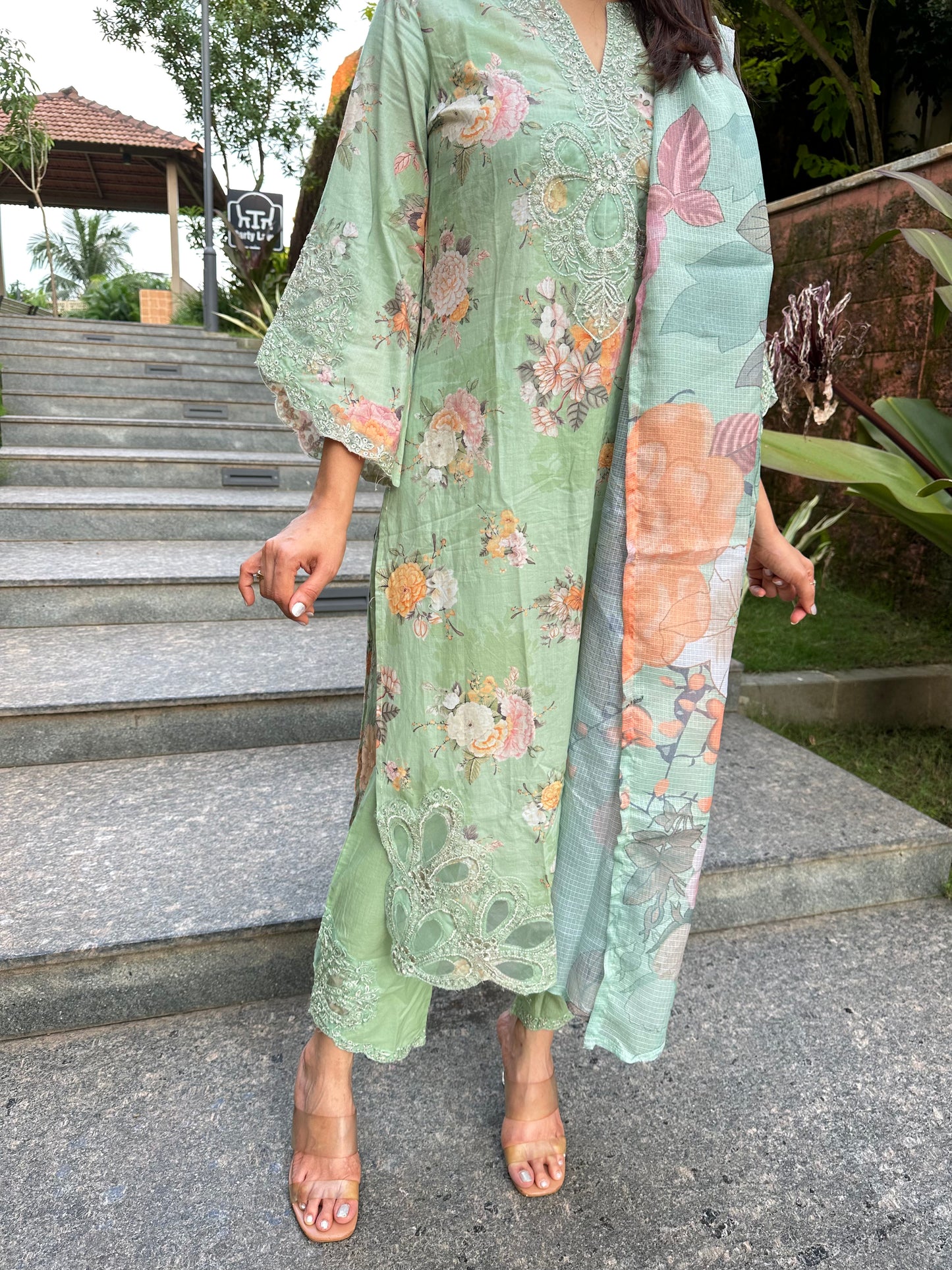 Pista Green Cotton Cutwork Straight Cut Suit