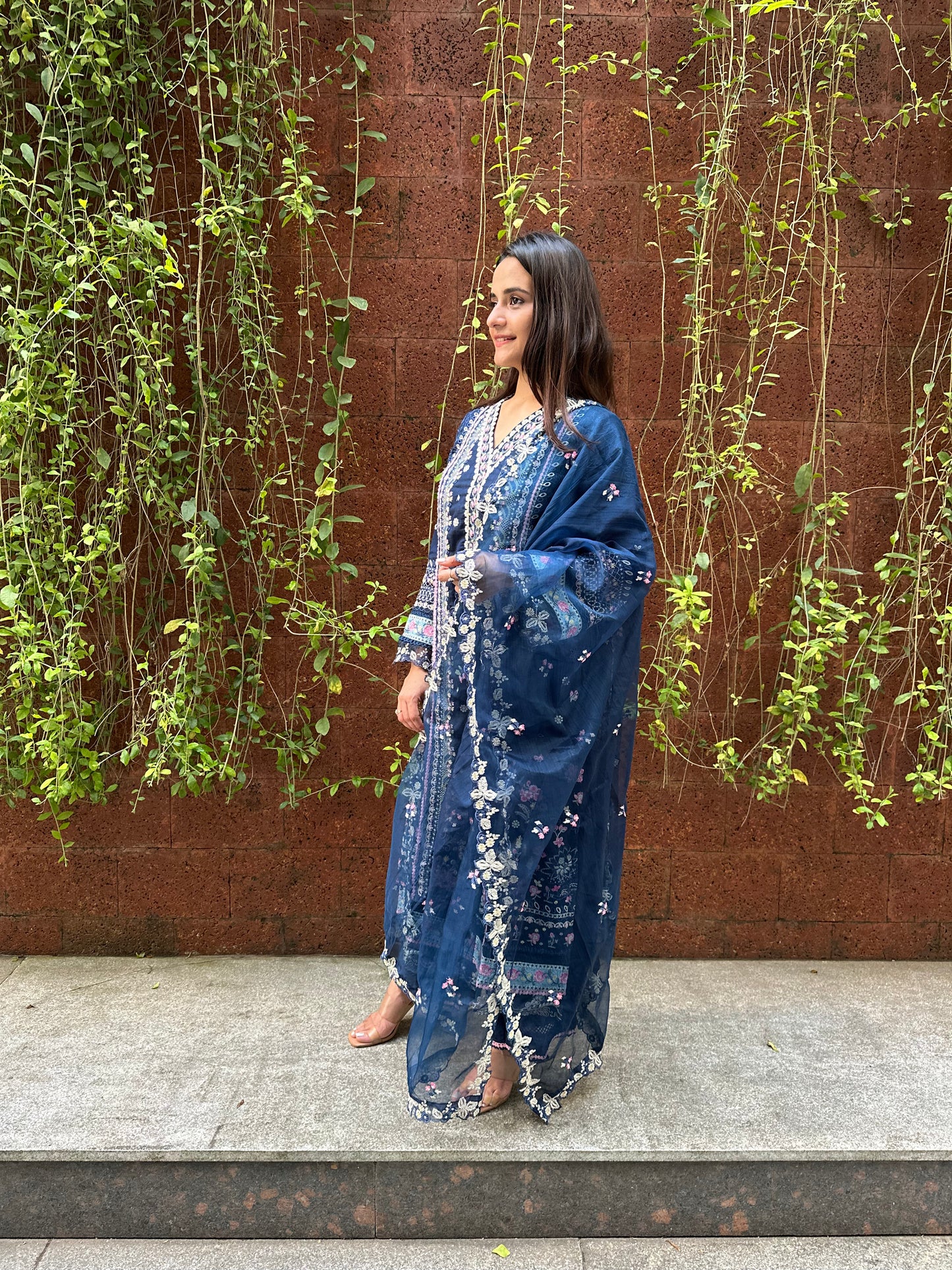 Navy Blue Cotton and Organza Pakistani Suit