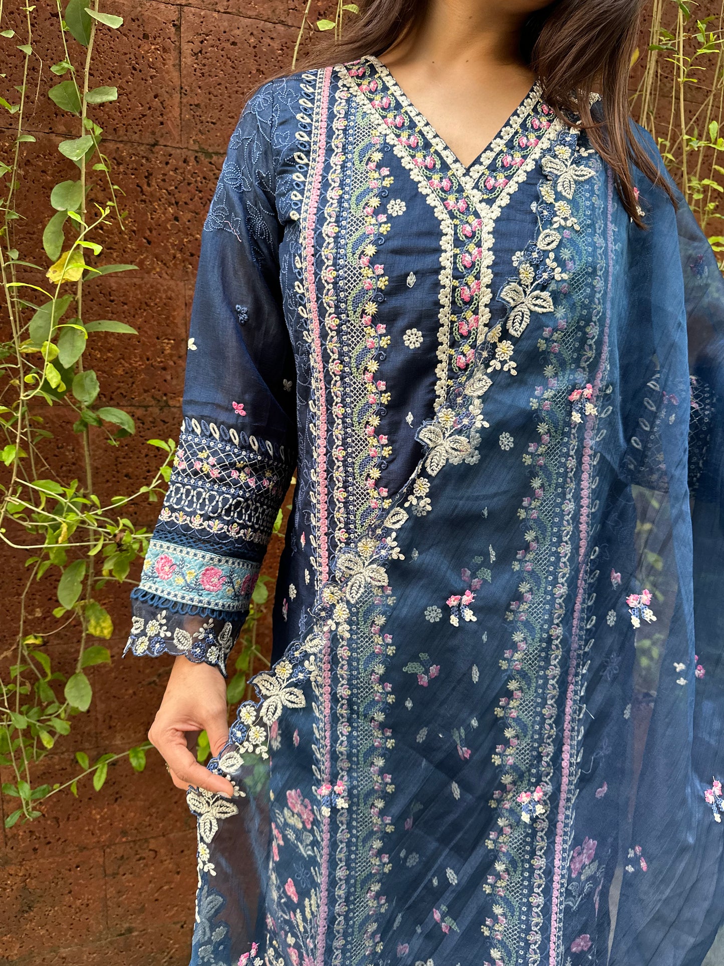 Navy Blue Cotton and Organza Pakistani Suit