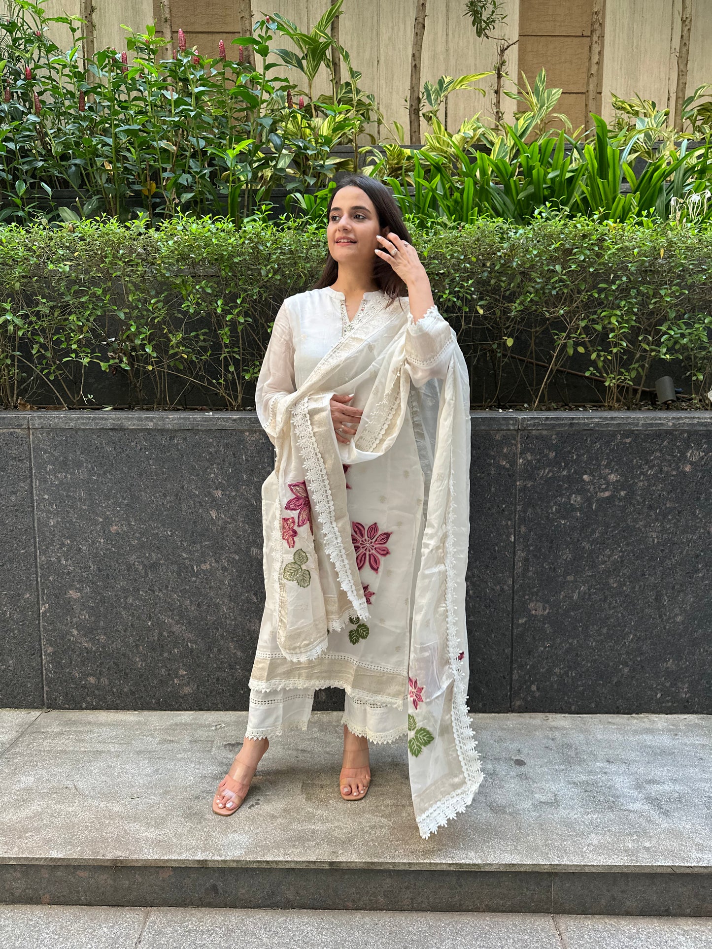 Off-White Organza Floral Embroidery Straight Cut Suit