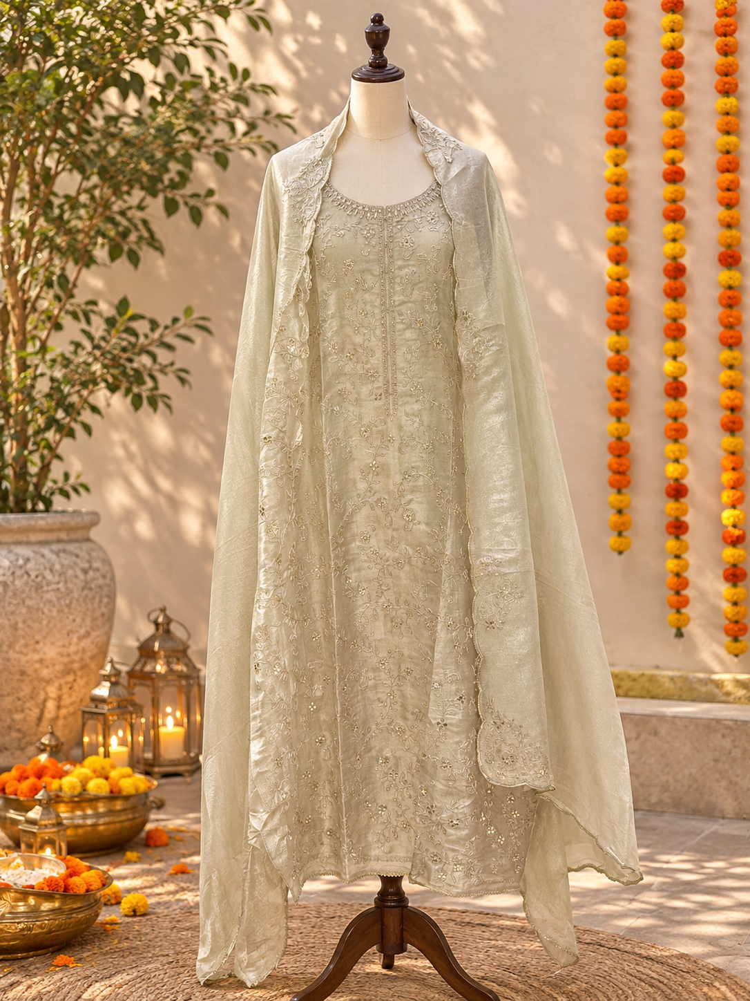 Olive Gold Tissue Organza with Zardosi Embroidery