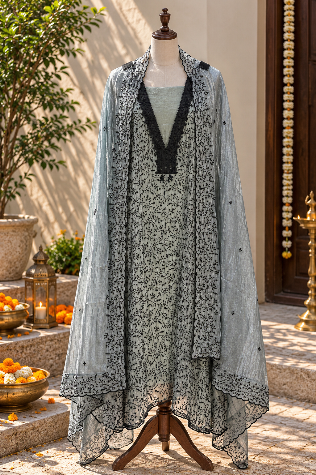Teal Blue Crushed Silk with Embroidery
