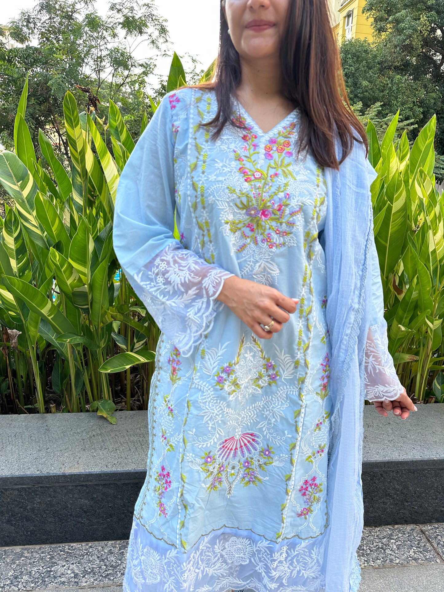 Blue Cotton Embroidered Straight Pakistani Suit