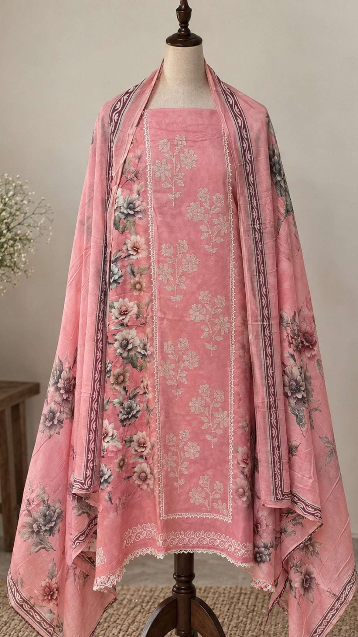Pink Floral Cotton Suit with Thread Embroidery