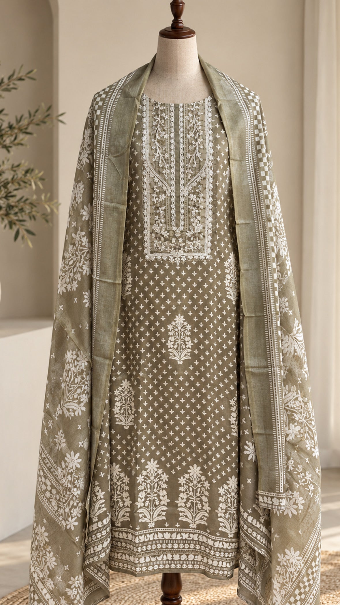 Sage Green Digital Print Cotton Suit with Thread Embroidery