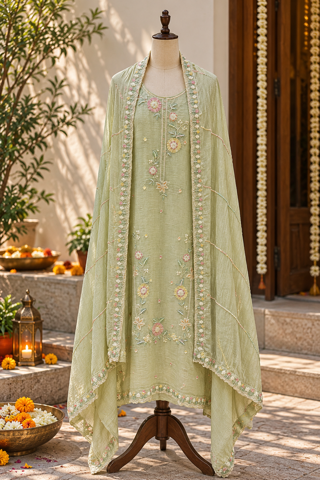 Pistachio Pure Mul Cotton with Beadwork