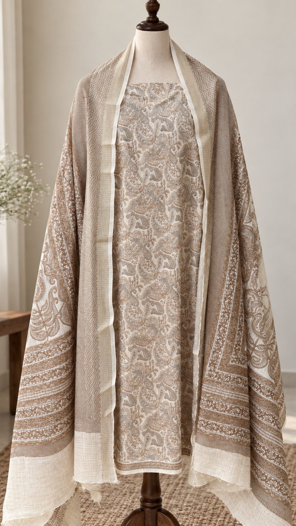 Taupe Brown Printed Pure Cotton Suit