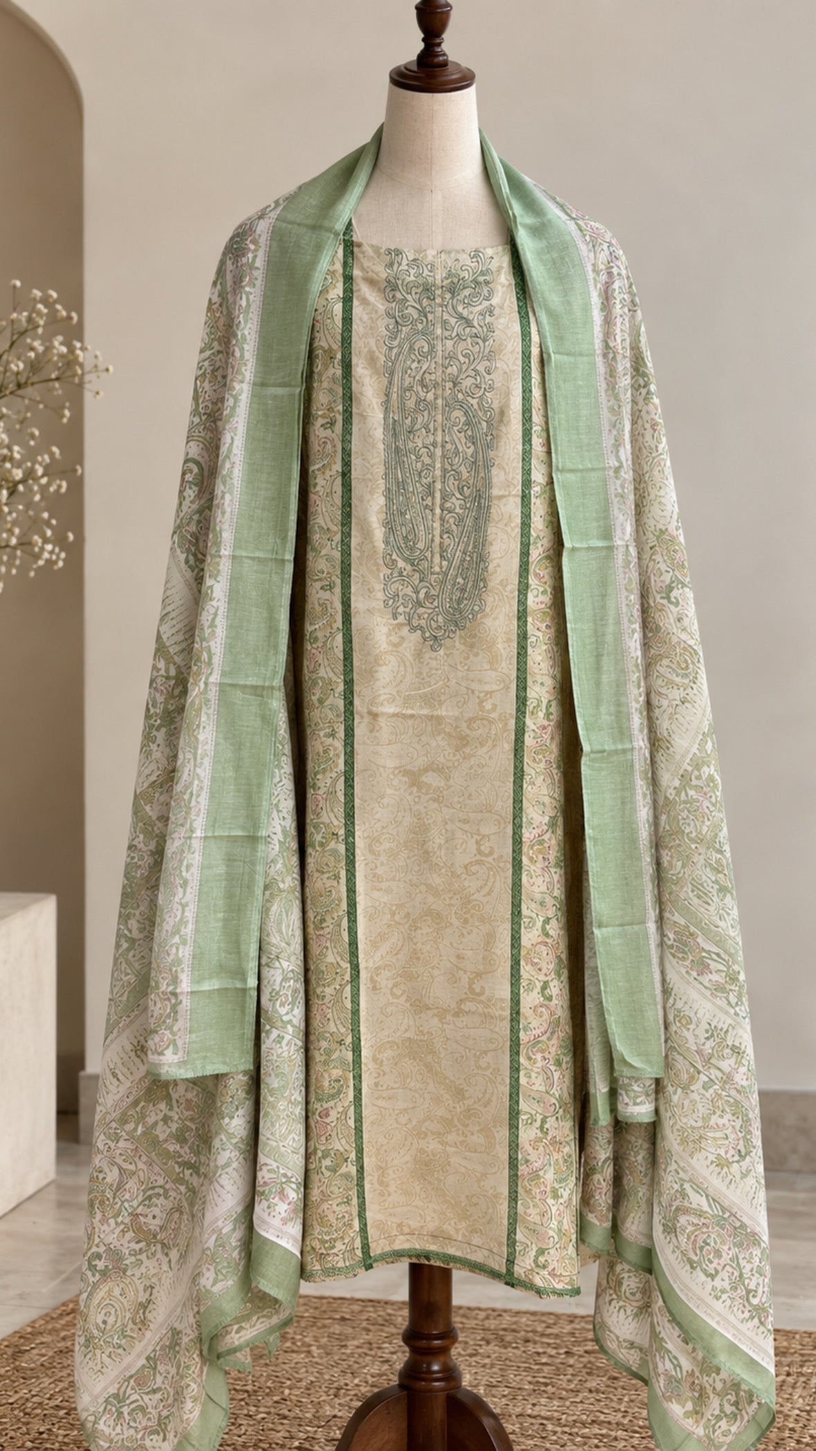 Green and Beige Pure Cotton Suit with Embroidery