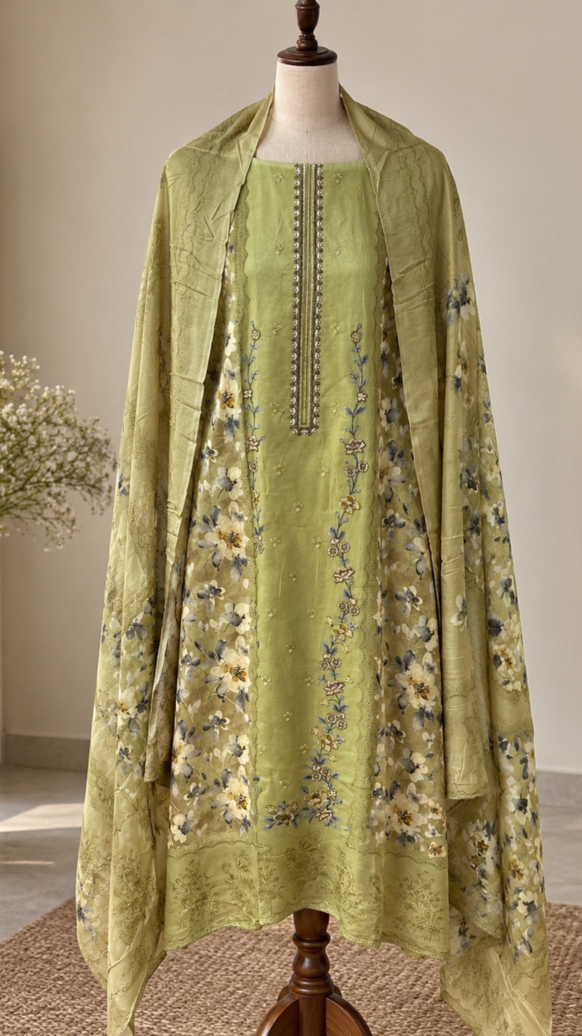 Pistachio Green Floral Cotton Suit with Thread Embroidery