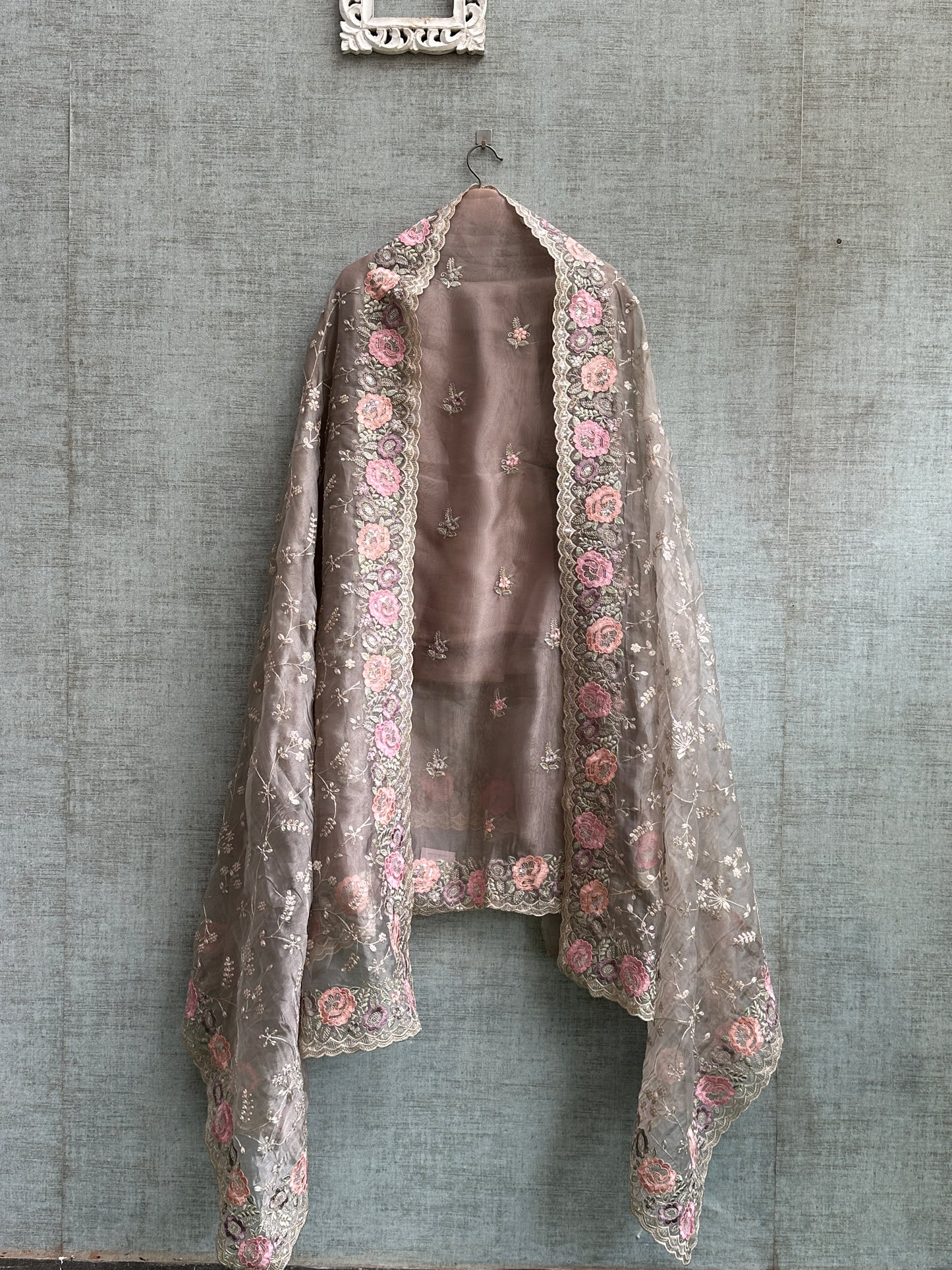 Lilac Tissue Organza with Floral Hand Embroidery