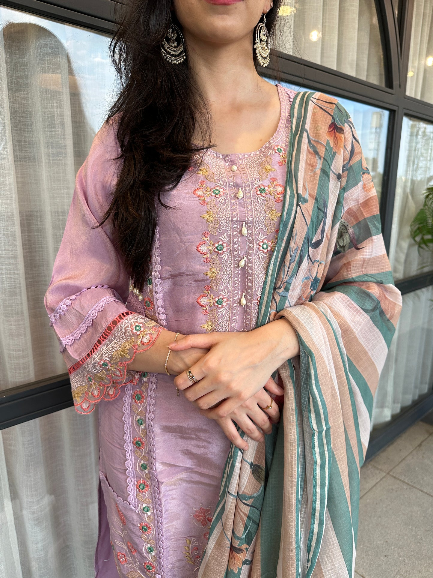 Lavender Shimmer Embroidered Straight Suit