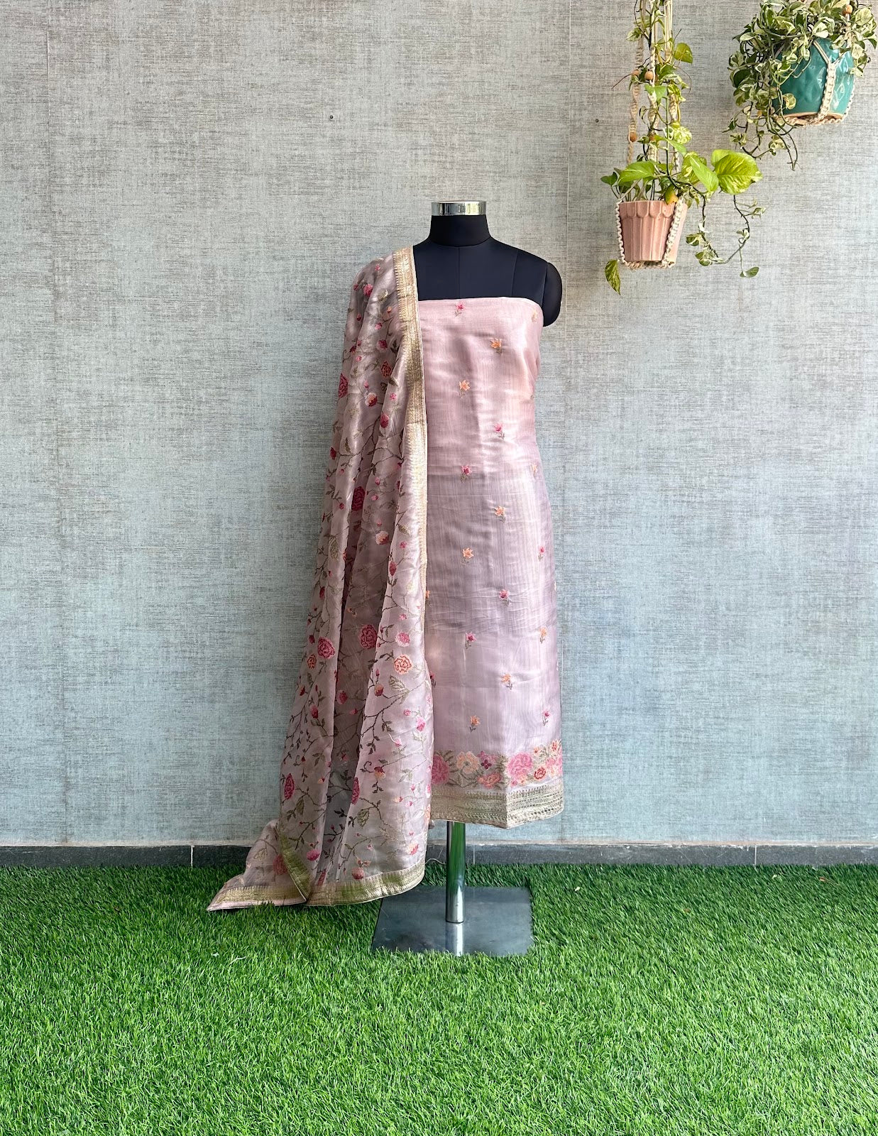 Mauve Tissue Silk with Cross-Stitch Embroidery