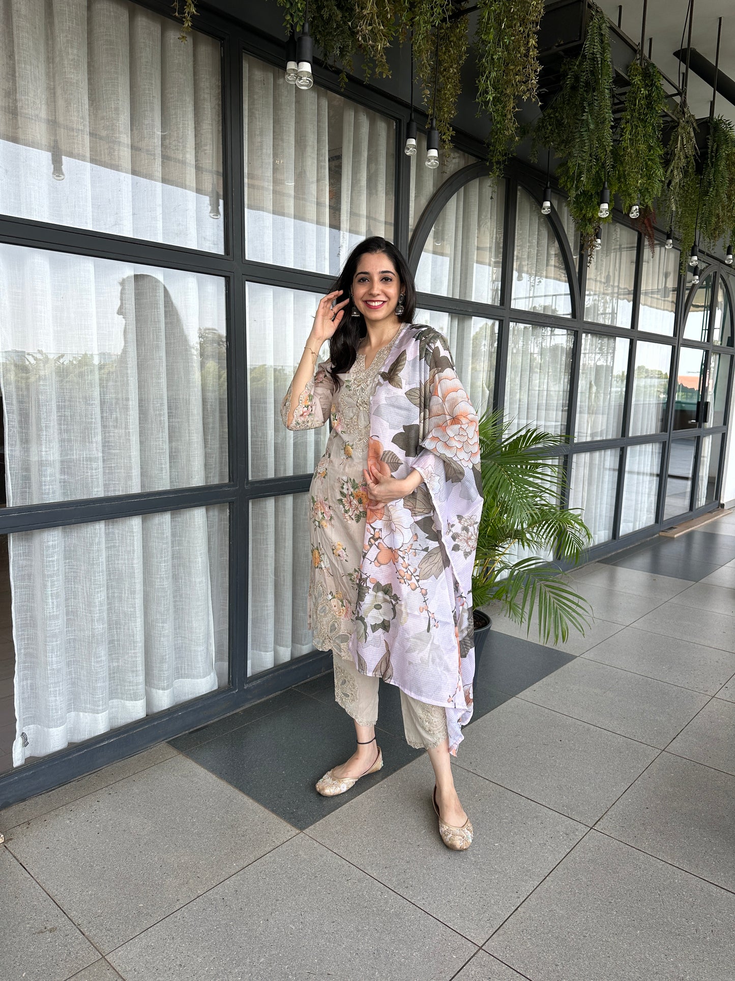 Beige Cotton Cutwork Straight Cut Suit