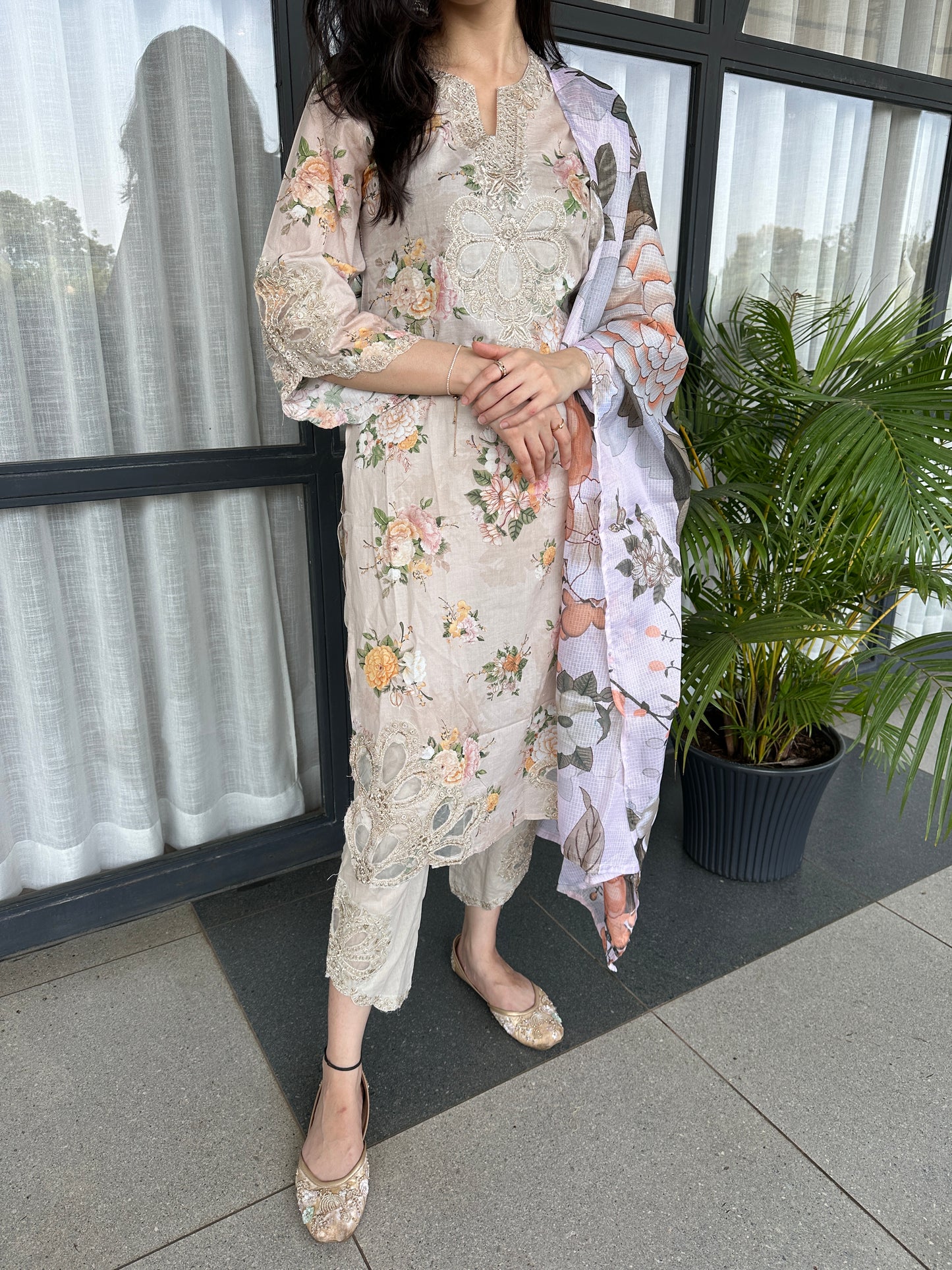 Beige Cotton Cutwork Straight Cut Suit