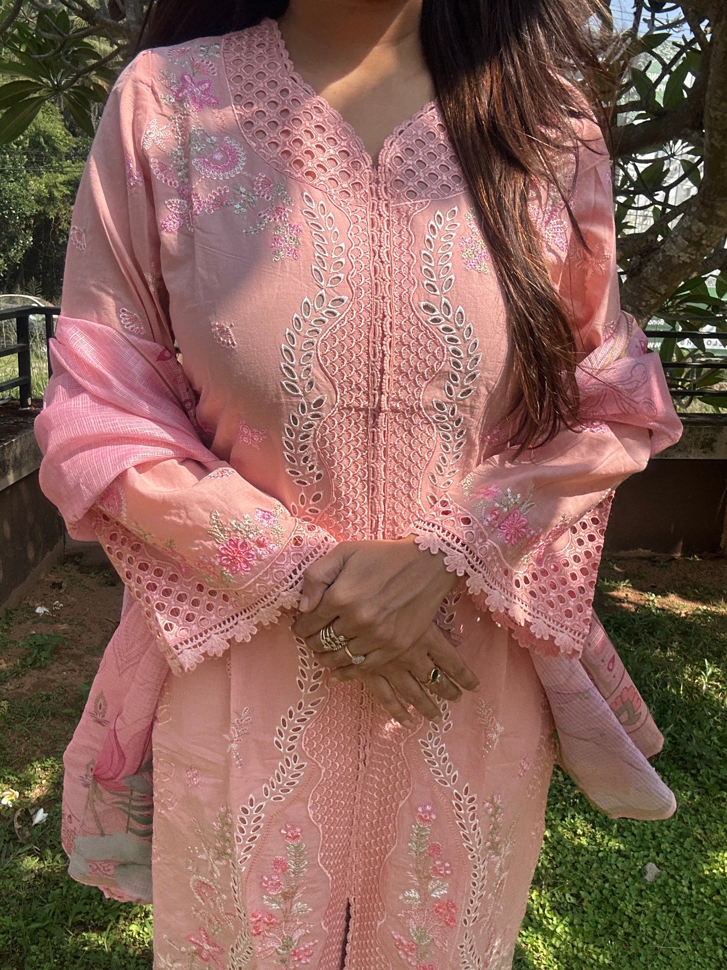 Peach Multicolor Cotton Straight-Cut Printed Suit