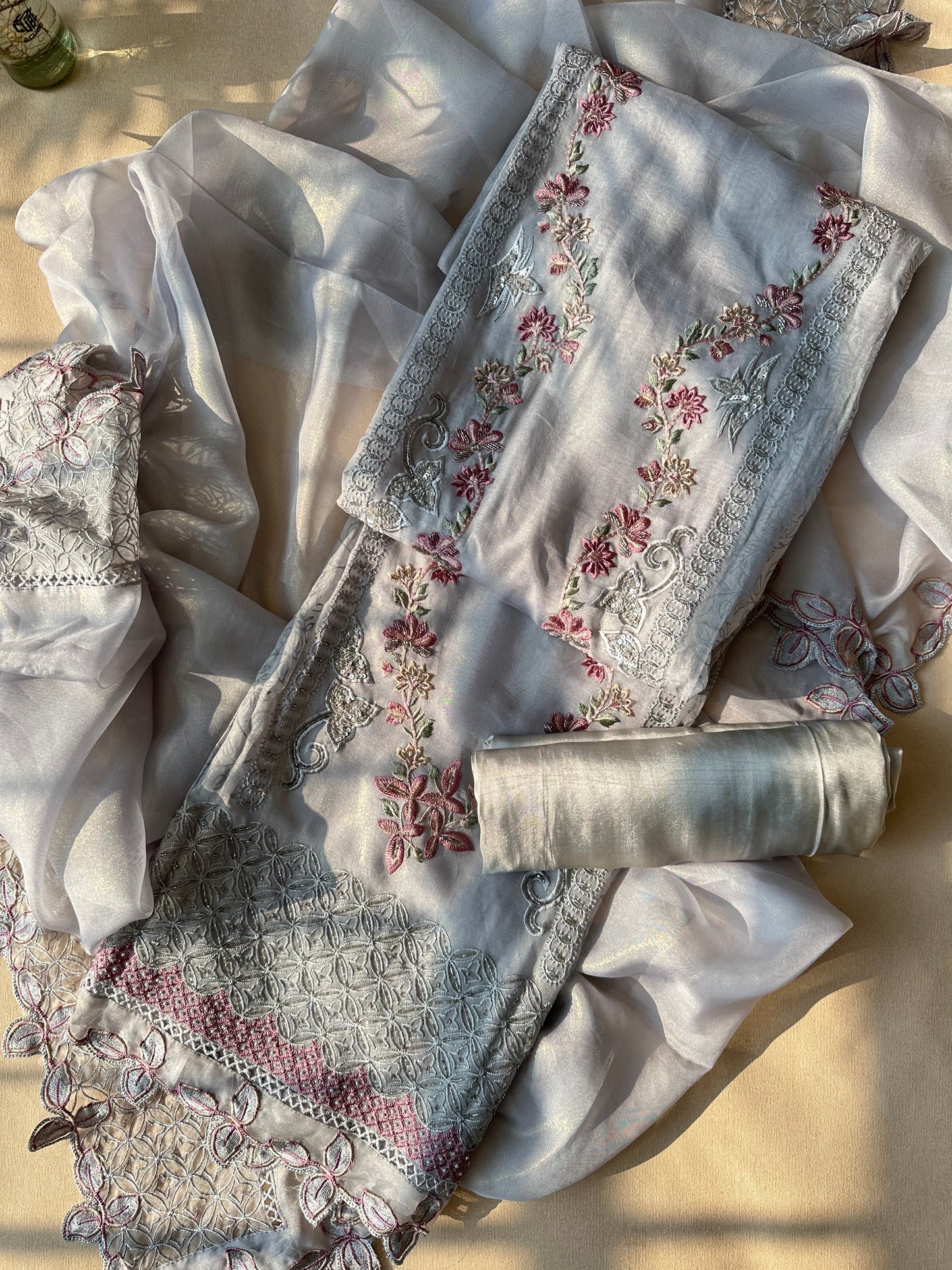 Grey Shimmer Organza with Cutwork Embroidery