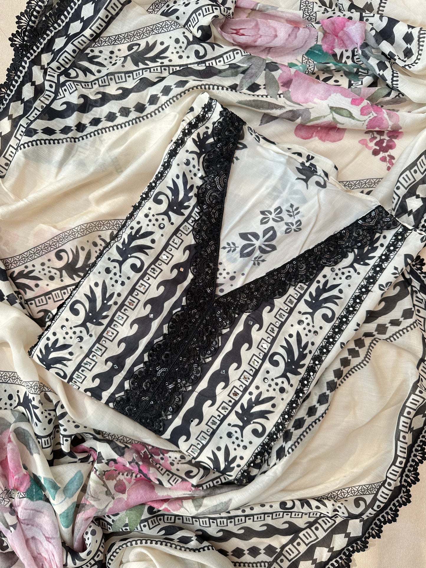 White-Black Pure Muslin Printed Pakistani Suit
