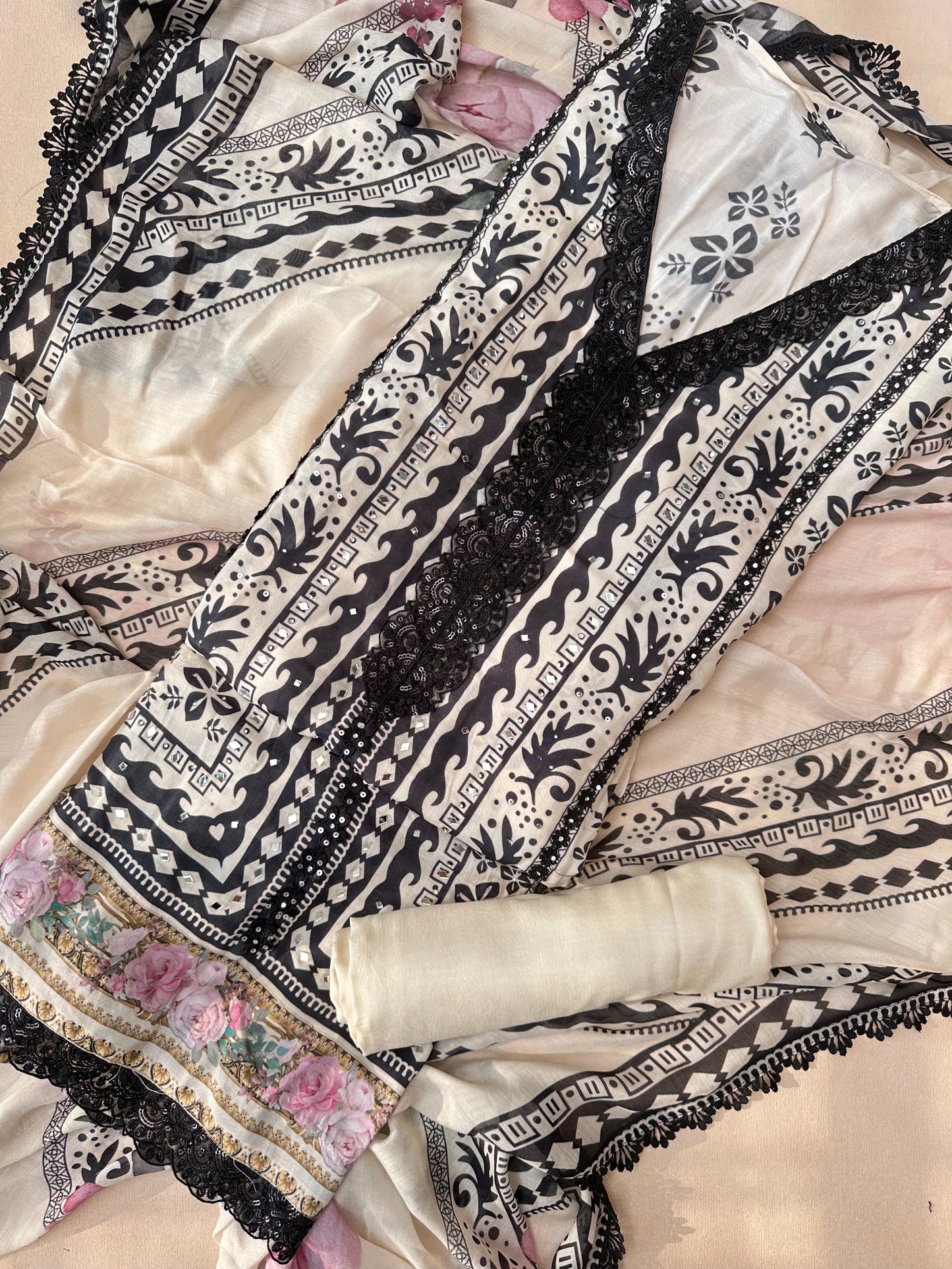 White-Black Pure Muslin Printed Pakistani Suit