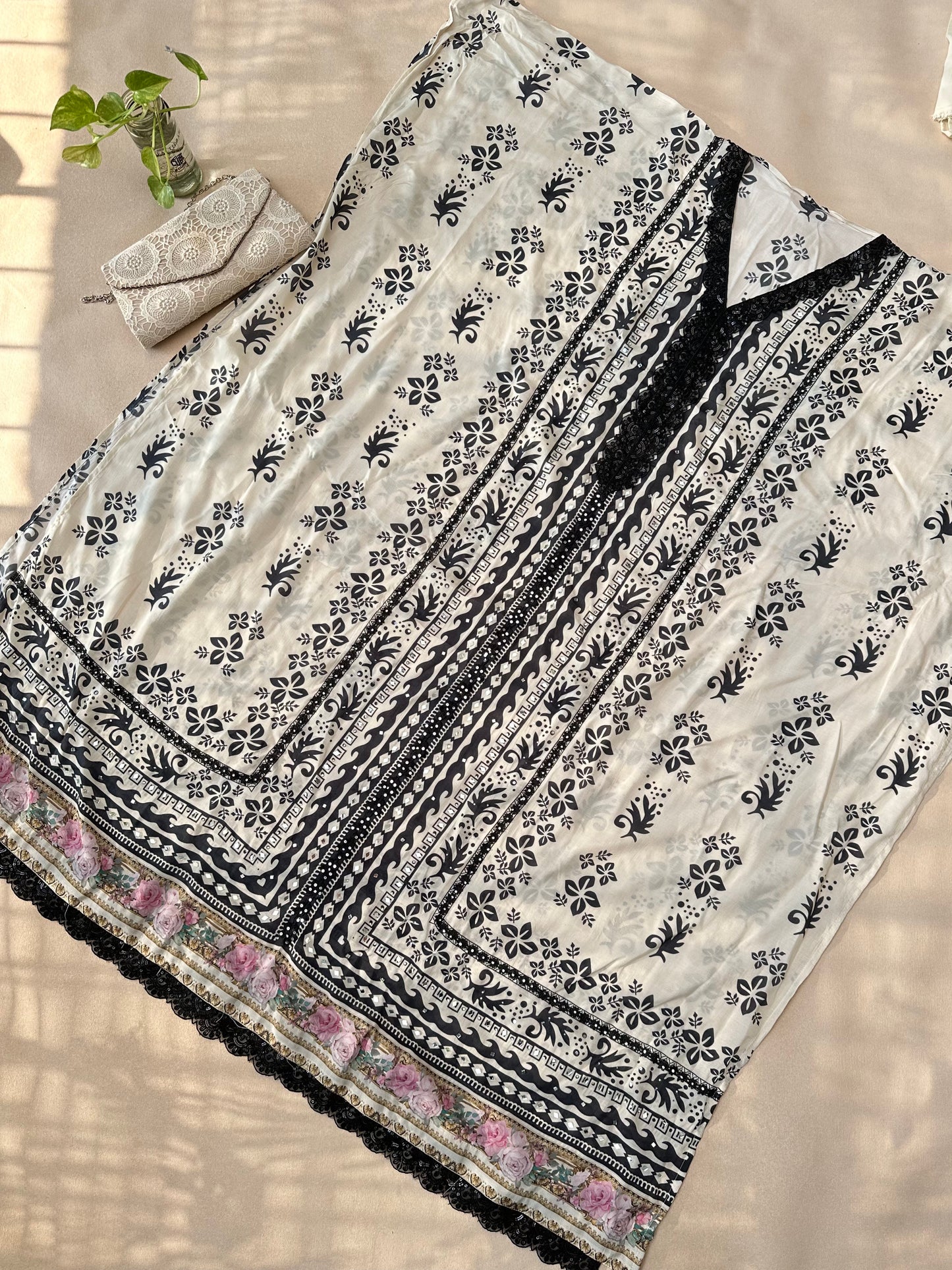 White-Black Pure Muslin Printed Pakistani Suit