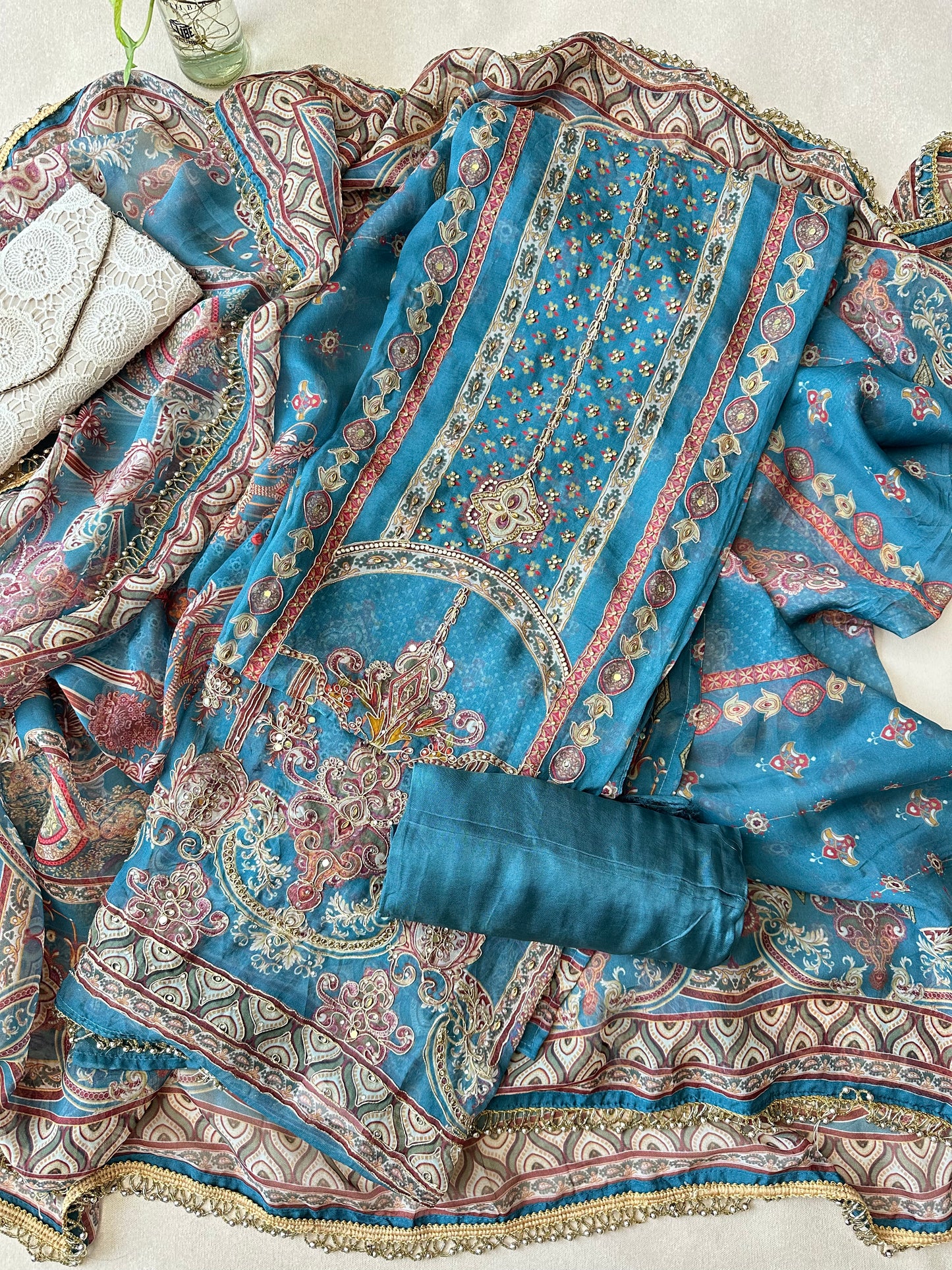 Peacock Blue Organza Pakistani Suit with Beadwork
