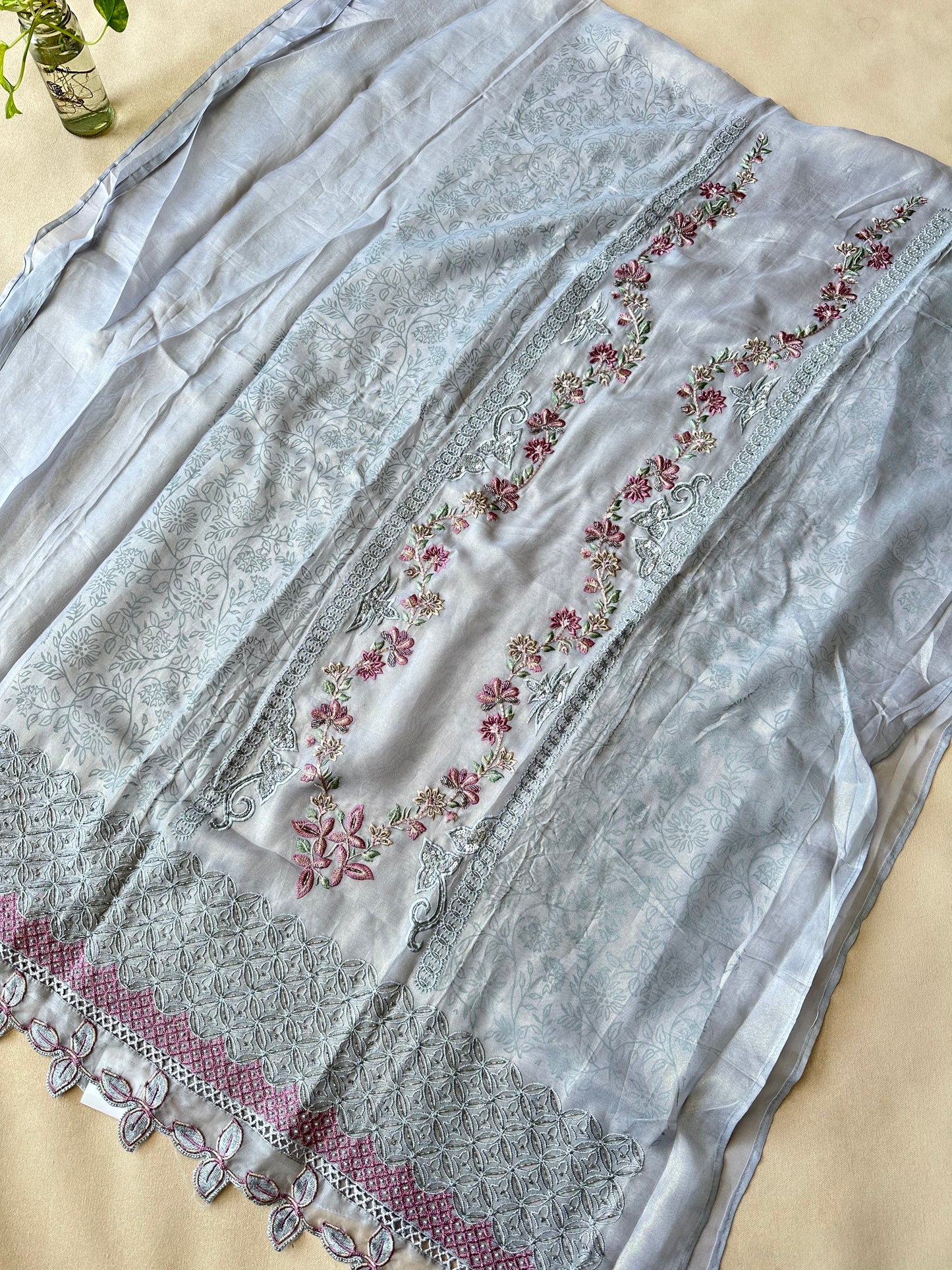 Grey Shimmer Organza with Cutwork Embroidery