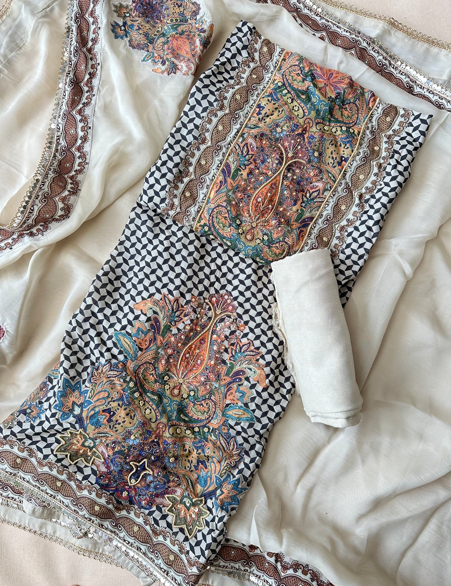 Beige-Black Pure Muslin with Applique Print