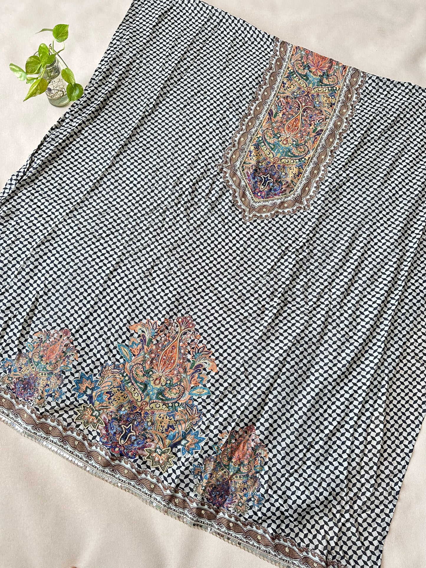Beige-Black Pure Muslin with Applique Print