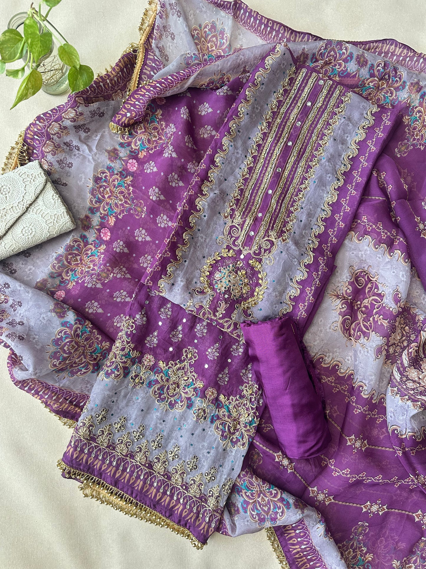 Purple Organza Pakistani Suit with Beadwork