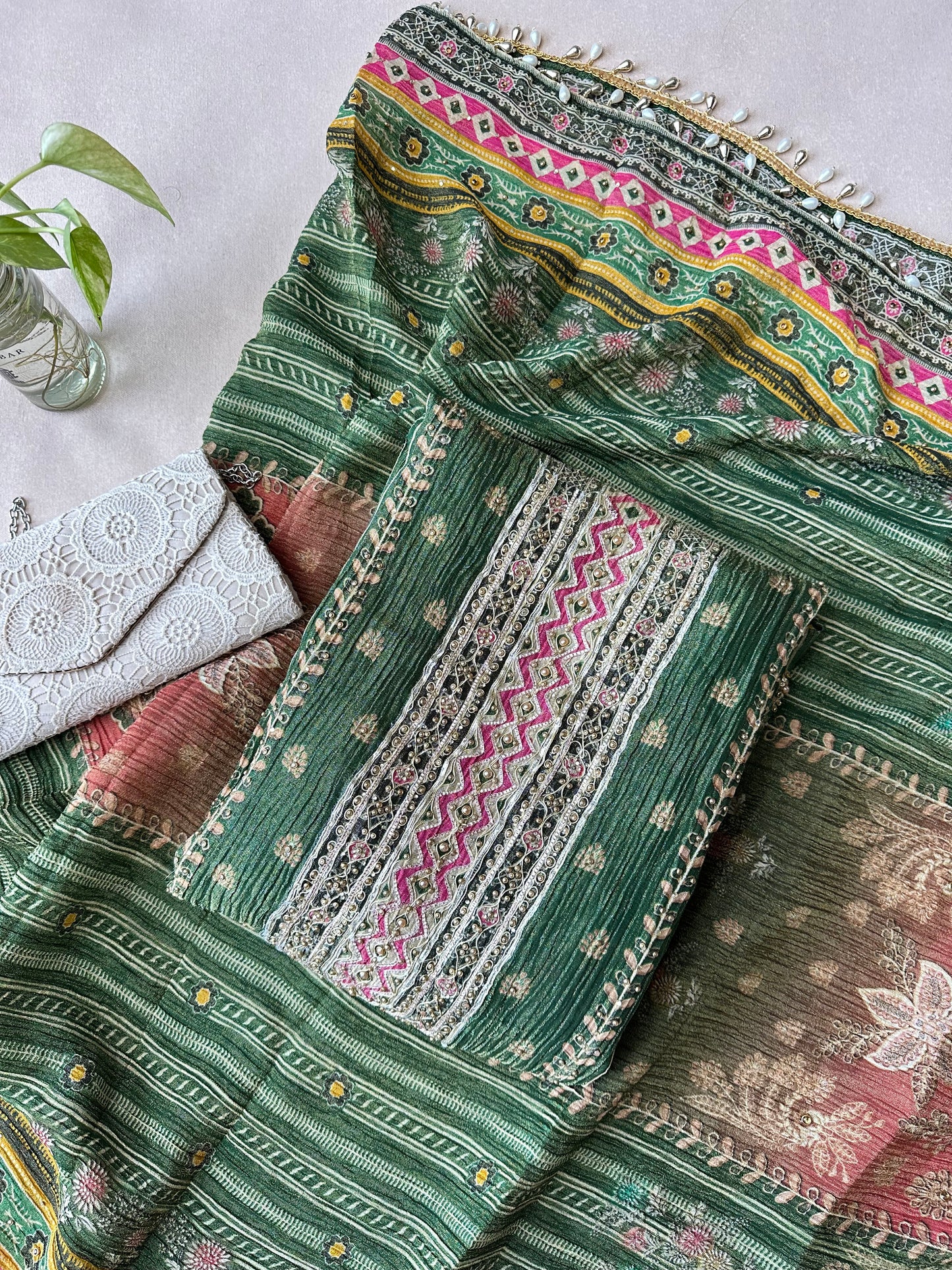 Bottle Green Crushed Silk Pakistani Suit with Beadwork