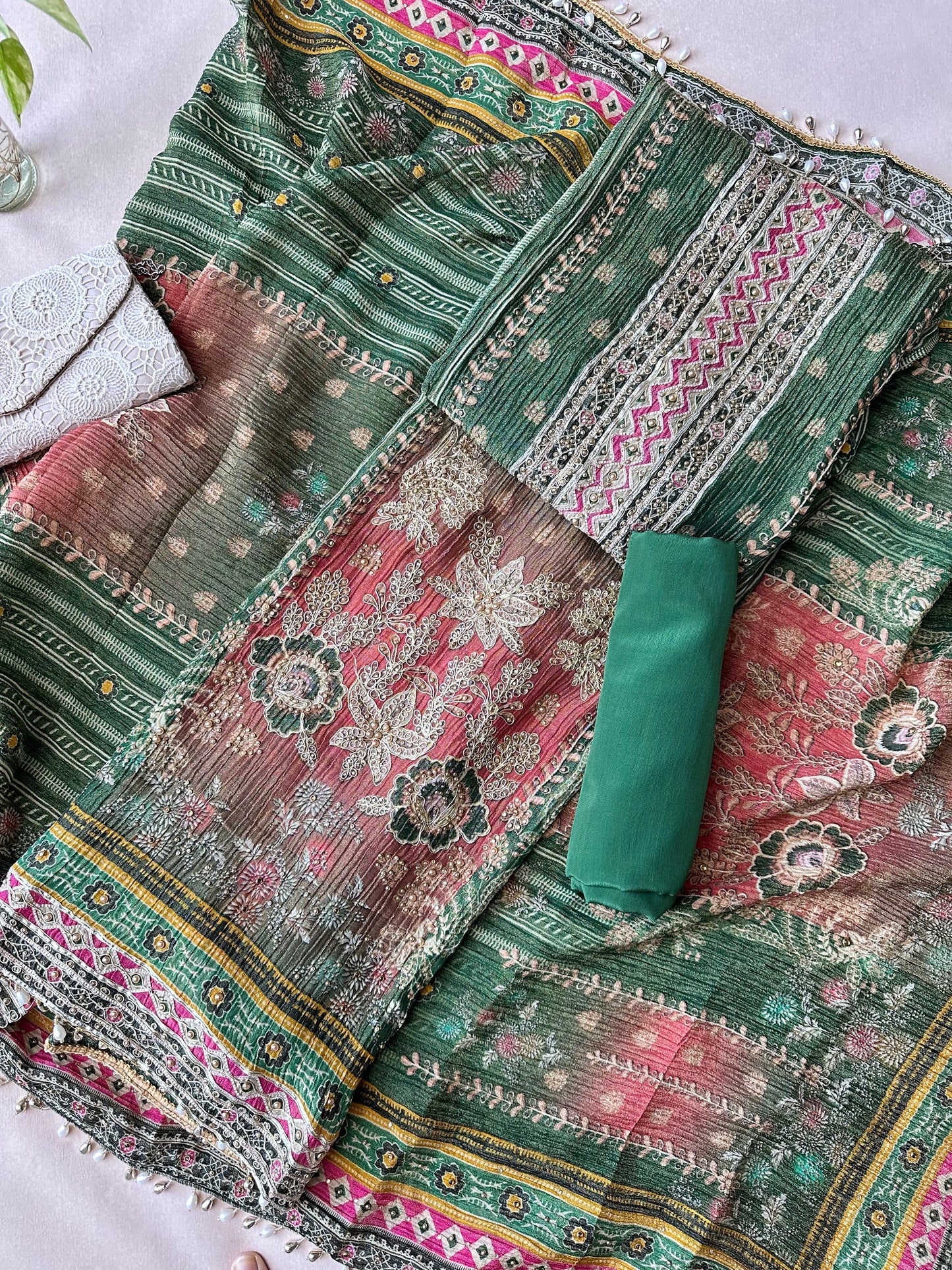 Bottle Green Crushed Silk Pakistani Suit with Beadwork
