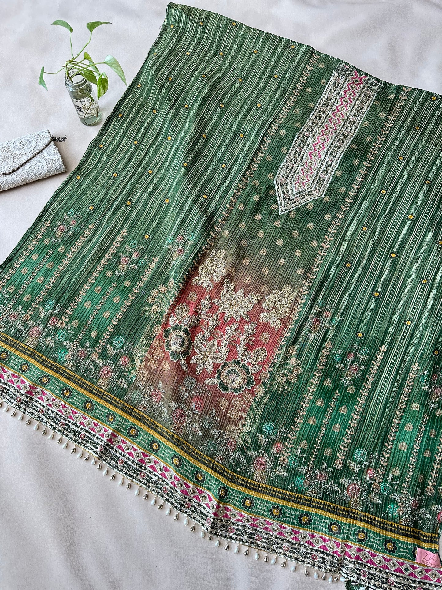 Bottle Green Crushed Silk Pakistani Suit with Beadwork