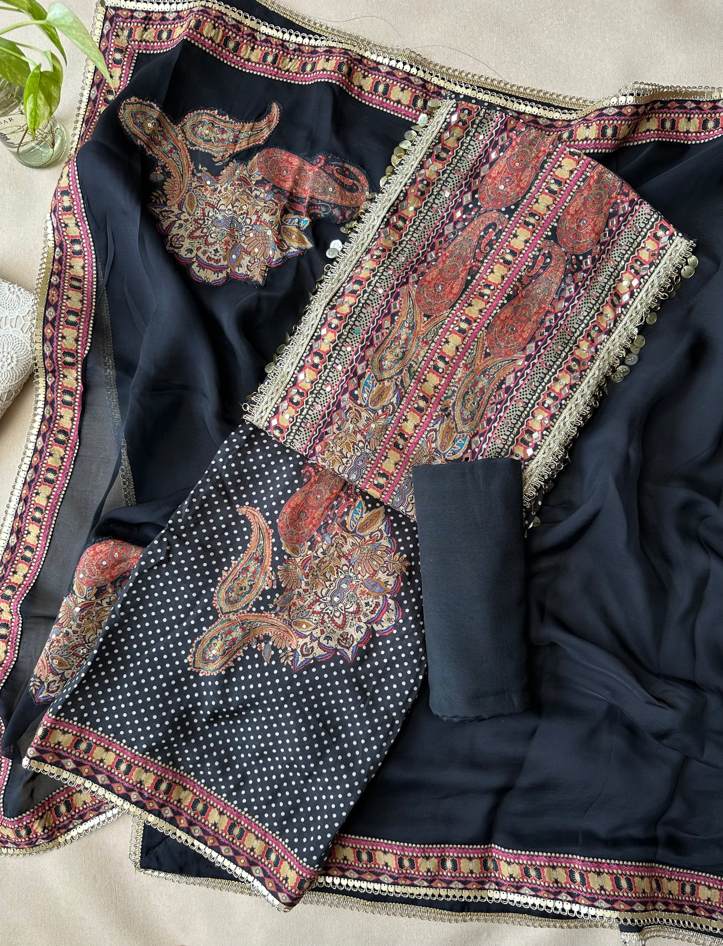 Black Polka Dot Pure Muslin with Applique Print