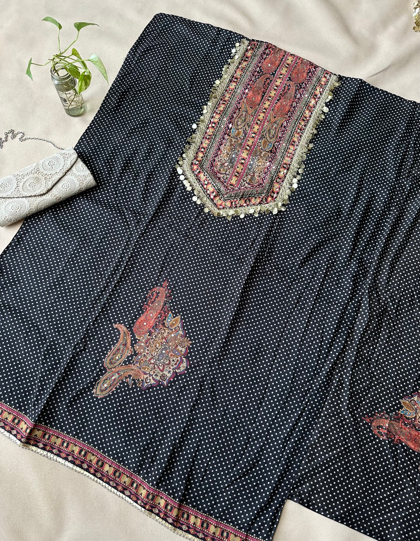 Black Polka Dot Pure Muslin with Applique Print