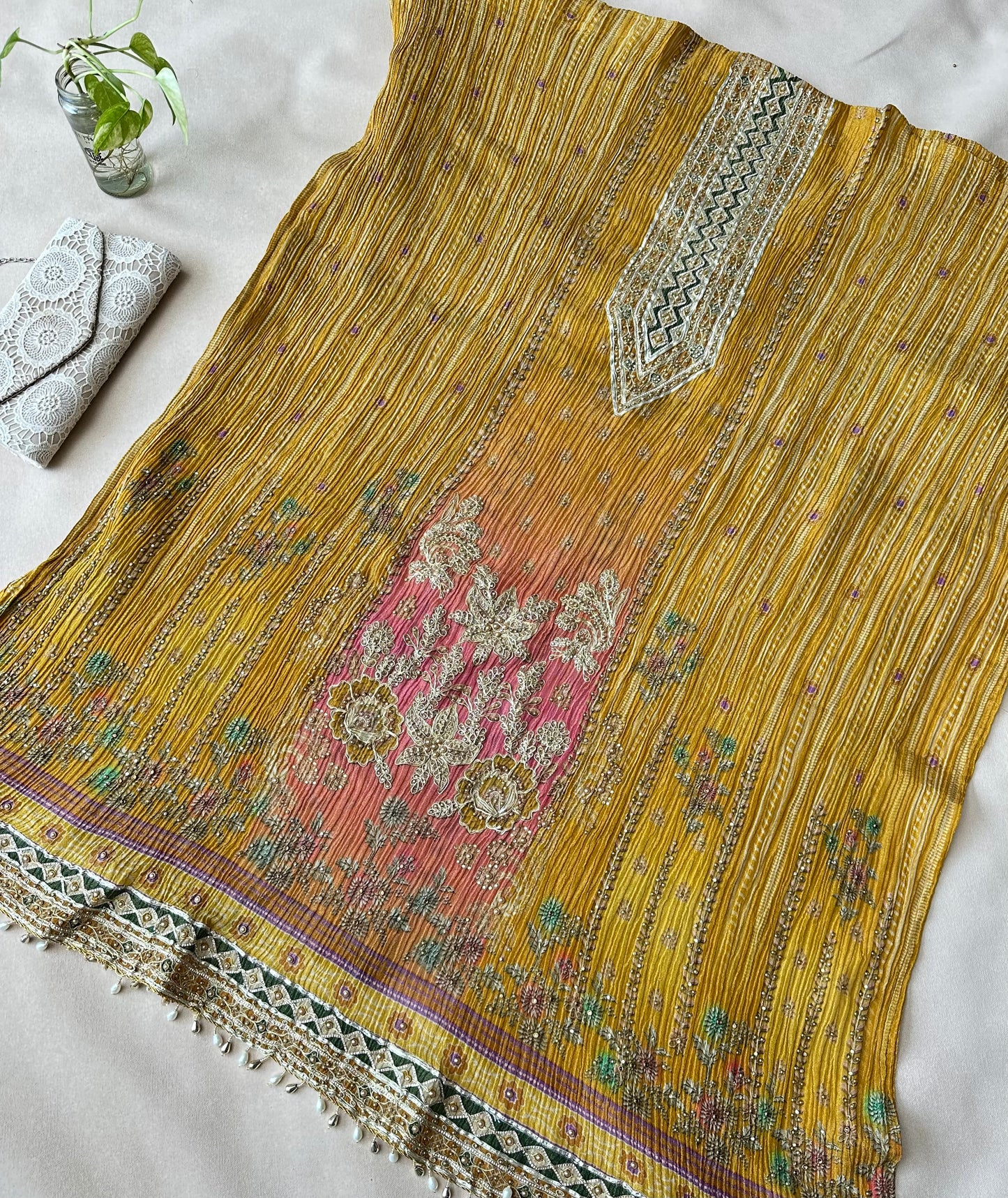 Mustard Yellow Crushed Silk with Beadwork