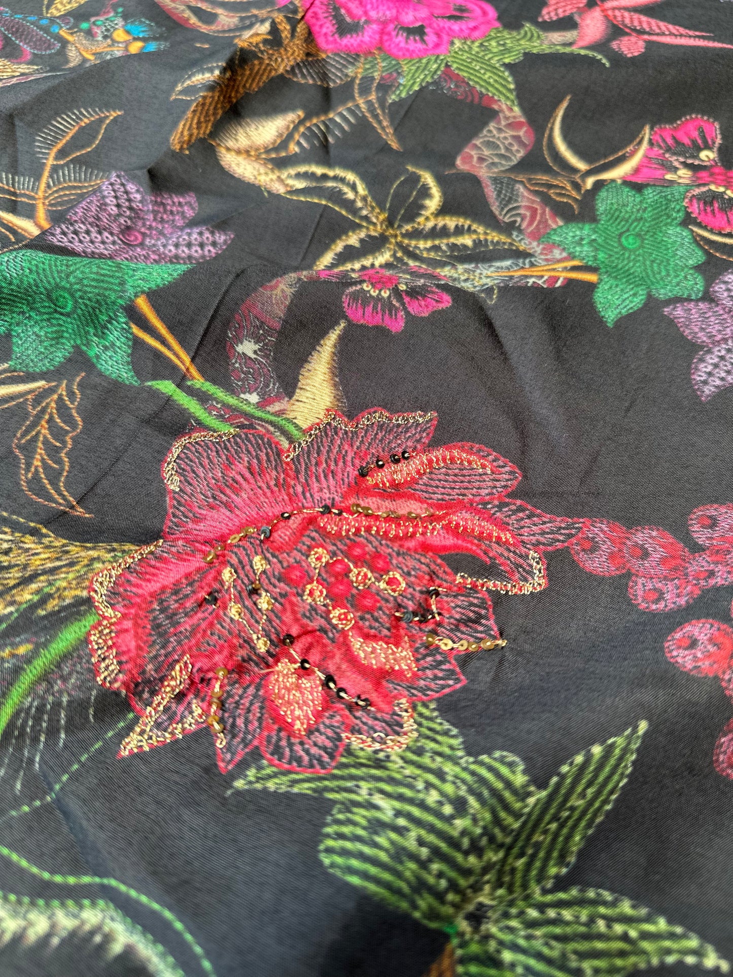 Black Printed Pure Silk Salwar Suit with Cutwork