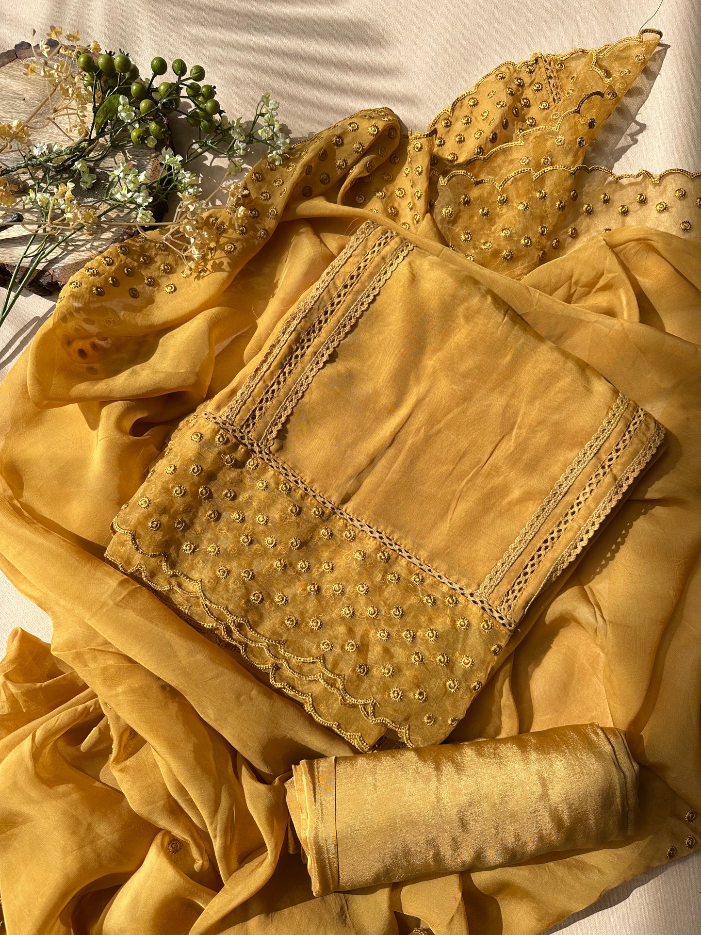 Mustard Pure Organza with Cutwork Embroidery