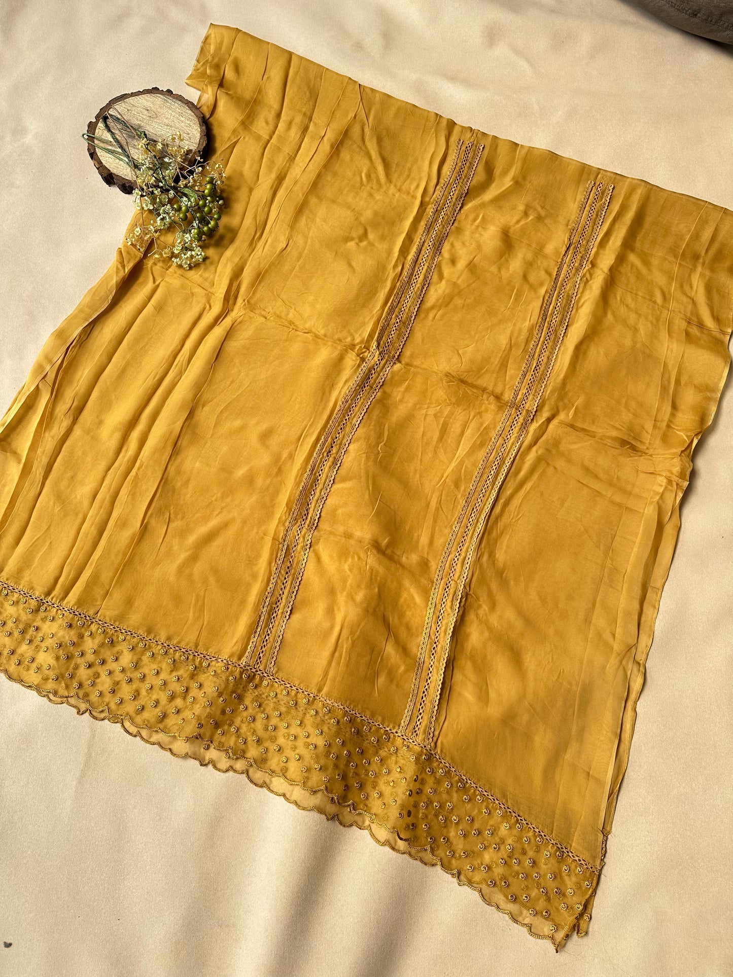 Mustard Pure Organza with Cutwork Embroidery