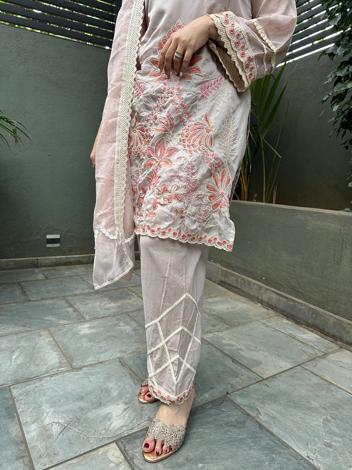 Brown Organza Embroidered Straight Suit Set