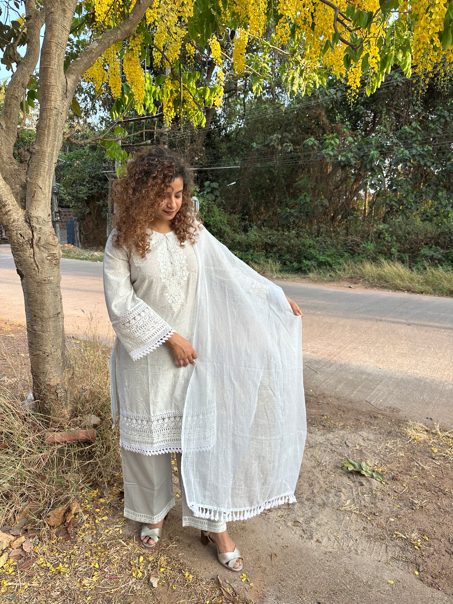 GREY COTTON STRAIGHT KURTA WITH PANT AND DUPATTA