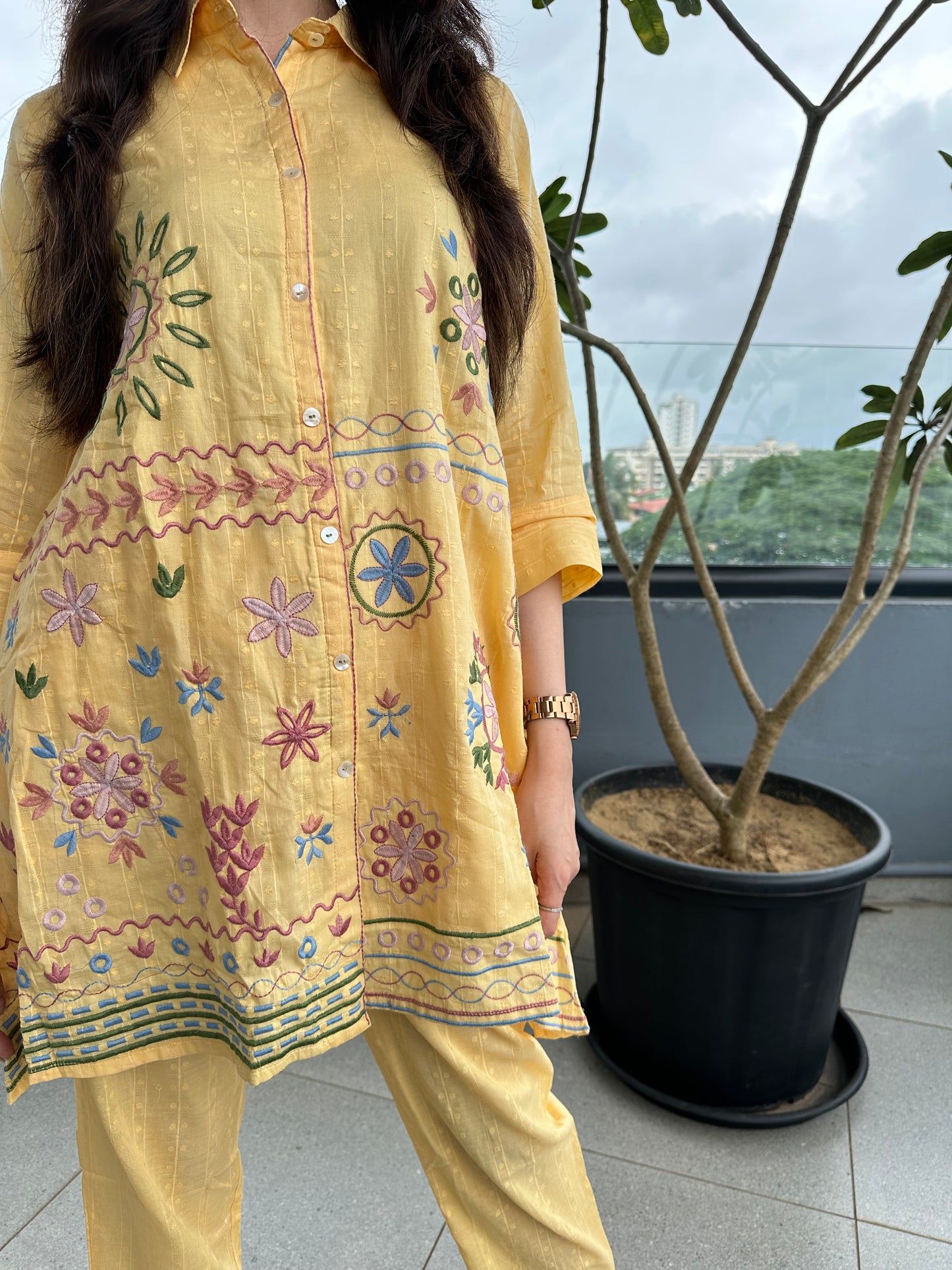 Floral Embroidered Sunrise Yellow Cotton Co-ord Set