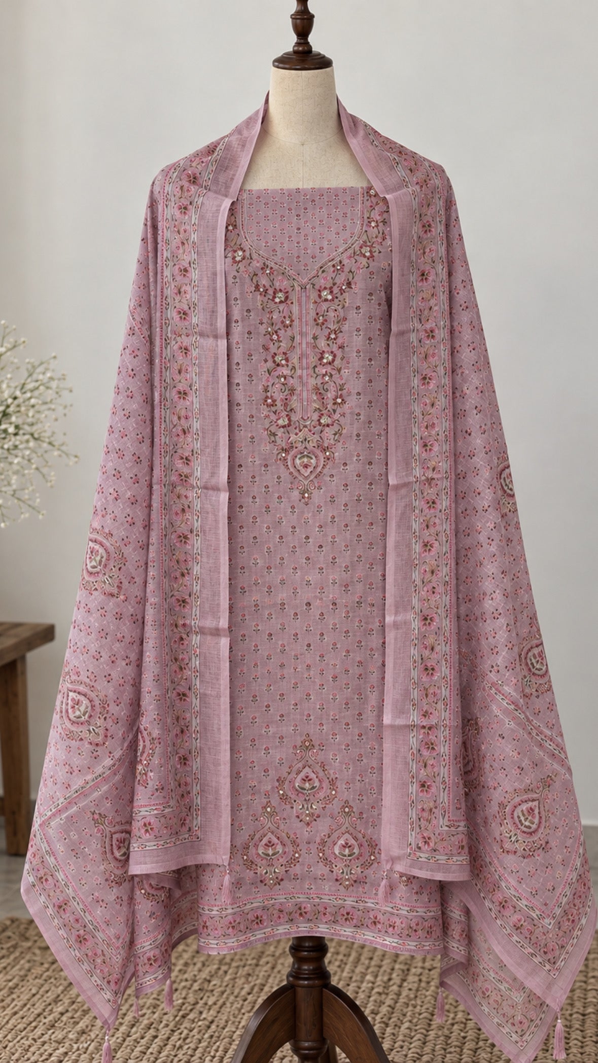 Mauve Digital Print Linen Cotton Suit