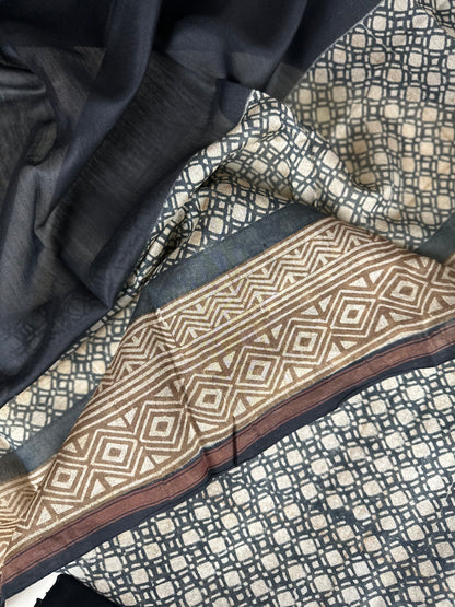 Black and Beige Abstract Print Pure Chanderi