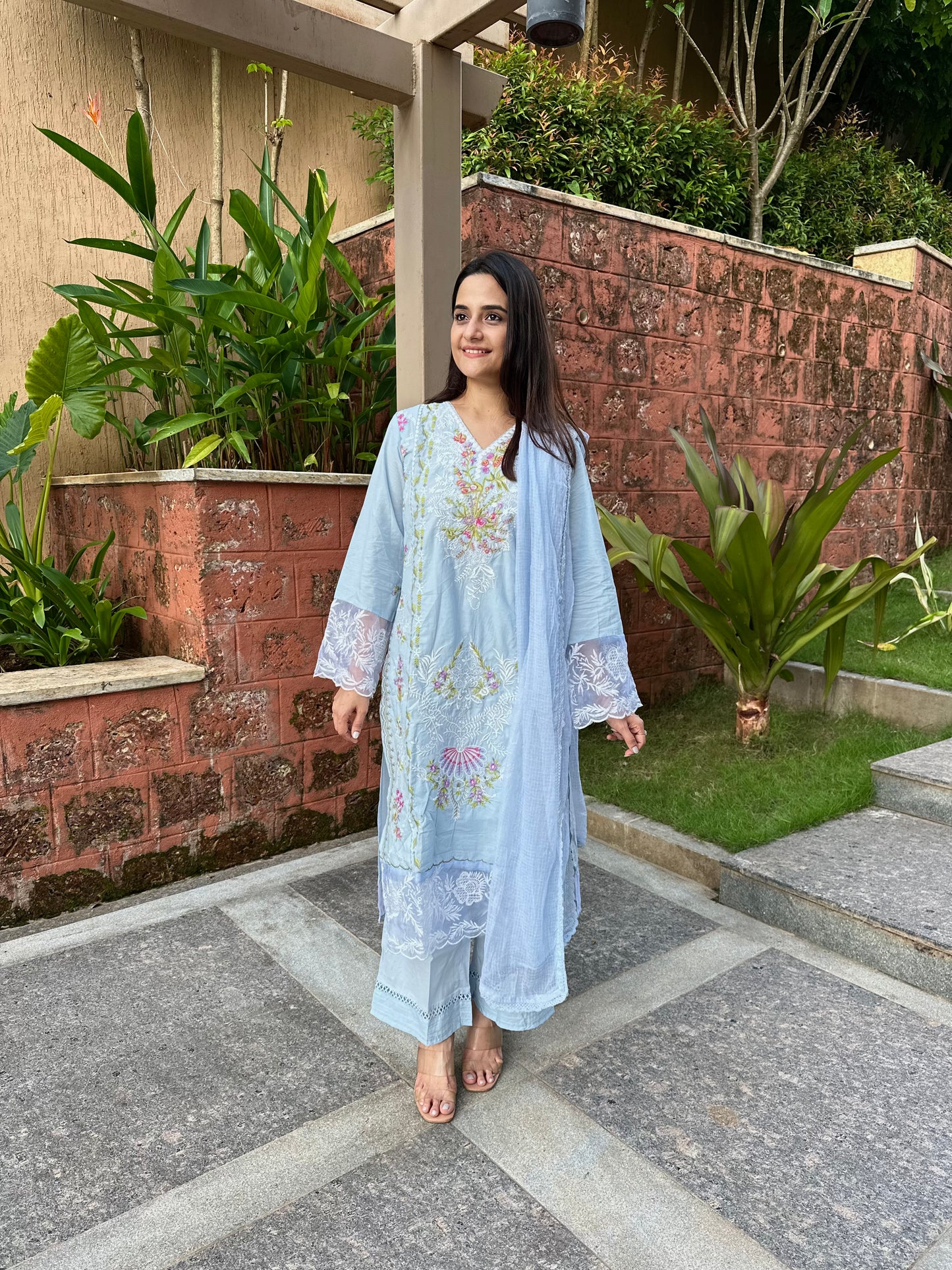 Blue Cotton Embroidered Straight Pakistani Suit