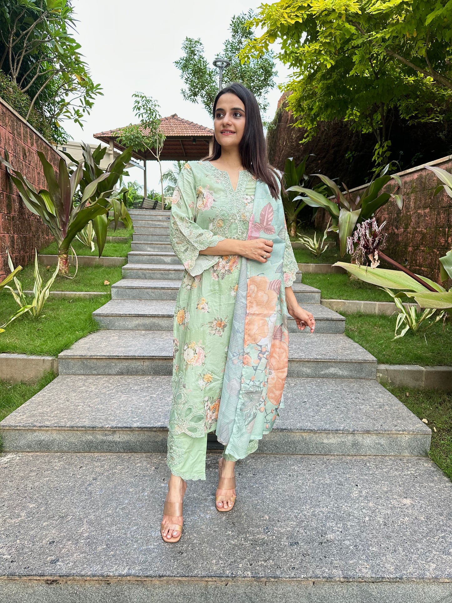 Pista Green Cotton Cutwork Straight Cut Suit