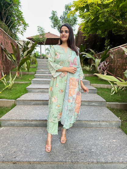 Pista Green Cotton Cutwork Straight Cut Suit