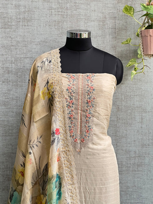 Beige Muslin Zari Dobby with Embroidery and Handwork