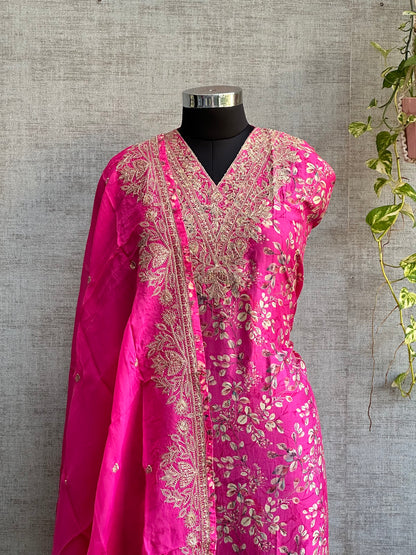 Fuscia Pink Muslin with Floral Print and Zari Embroidery