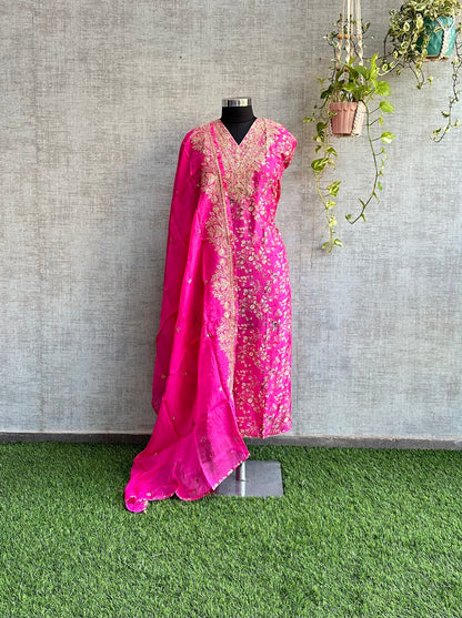 Fuscia Pink Muslin with Floral Print and Zari Embroidery